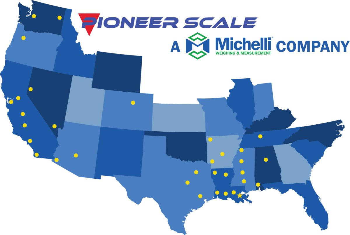 Pioneer Scale has joined the Michelli Weighing & Measurement team - Map showing all locations with Pioneer Scale logo and "A Michelli Weighing & Measurement Company" between the Pioneer Scale logo and map