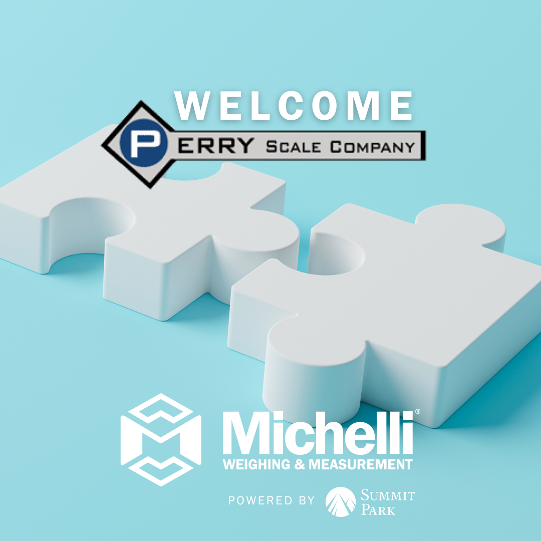 Welcome Perry Scale Company to the Michelli Weighing & Measurement team with white puzzle pieces joining together on a light blue background